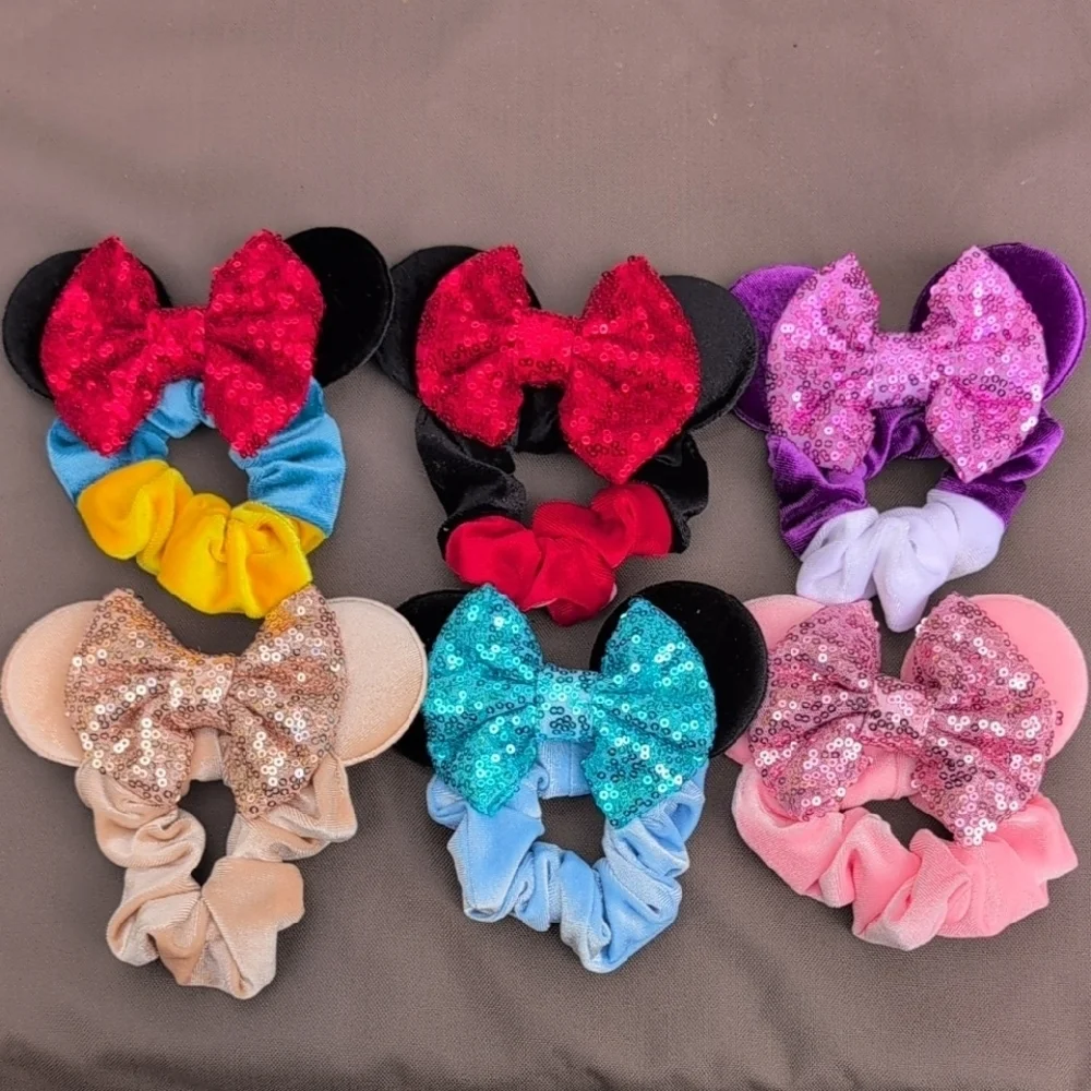Disney Inspired Sequin Bow Mouse Ear Scrunchies Set - Multicolor